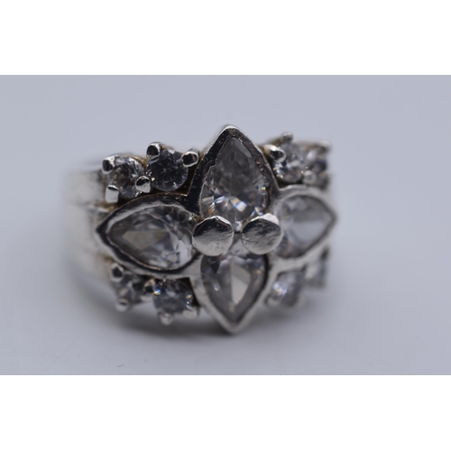 82 - Silver 925 Clear Stoned Floral Ring (Size R) Complete with Presentation Box