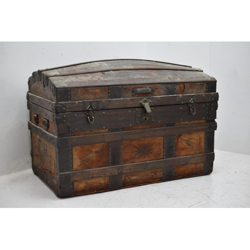 1 - Antique Dome Top Leather Bound Banded Steamer Trunk with Internal Storage