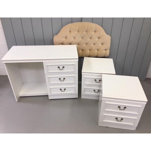 A set of white Bedroom Furniture. Dressing Table (H75 W95 D45), Bedside x2 & single Headboa