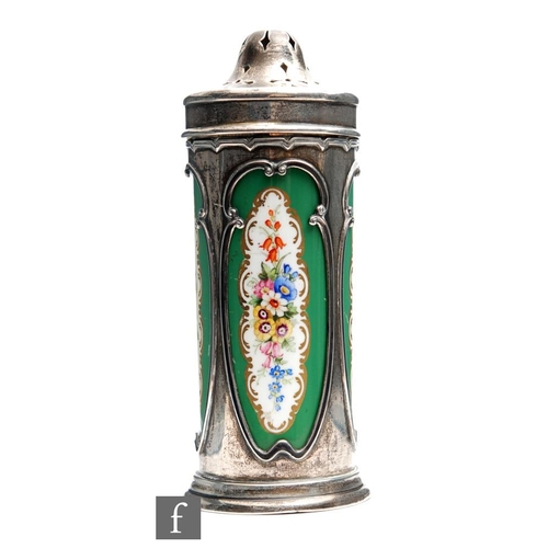 43 - A hallmarked silver sugar castor with pierced side panels encompassing a Royal Worcester sleeve deco... 