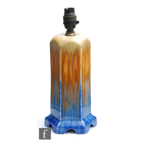 40 - A Ruskin Pottery crystalline glaze hexagonal lamp base decorated in mustard to orange to blue with d... 