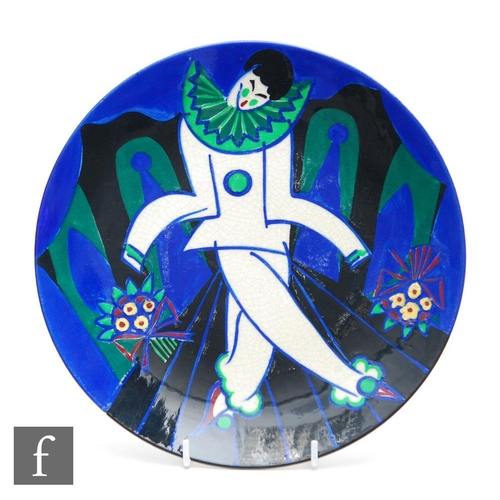 41 - A 1920s Claude Levy for Primavera Art Deco wall plate decorated with a Pierrot clown with a green ru... 