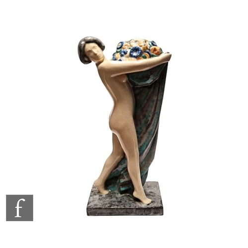 45 - A 1930s L. Rossat for Marcel Guillard French Art Deco model of a nude lady striding forward holding ... 