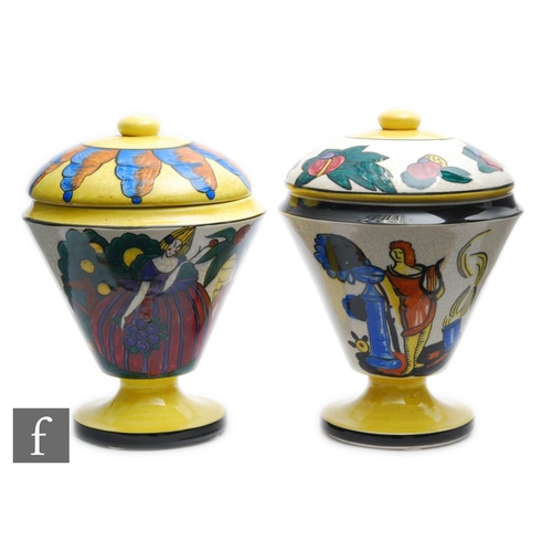 47 - A pair of French Art Deco style hand painted vases and covers each of inverted conical form with a s... 
