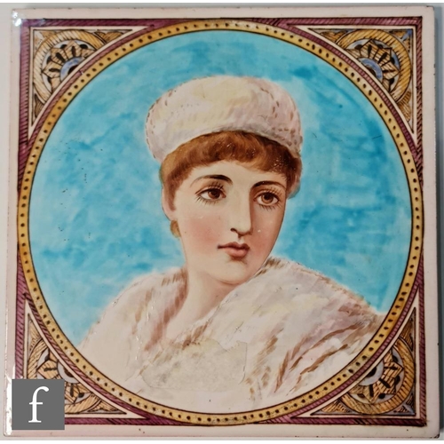 60 - A Minton Hollins & Co, in the manner of W.S Coleman, 8 inch tile decorated with a hand painted f... 
