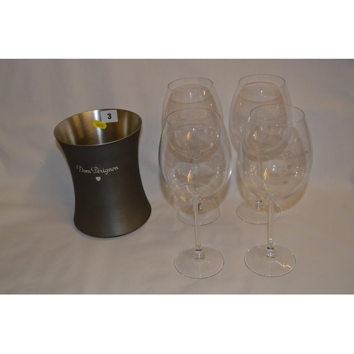 3 - DOM PERIGNON STEEL ICE BUCKET AND 4 LARGE WINE GLASSES