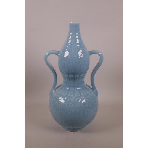 A Chinese Duck Egg Blue Glazed Porcelain Double Gourd Vase With