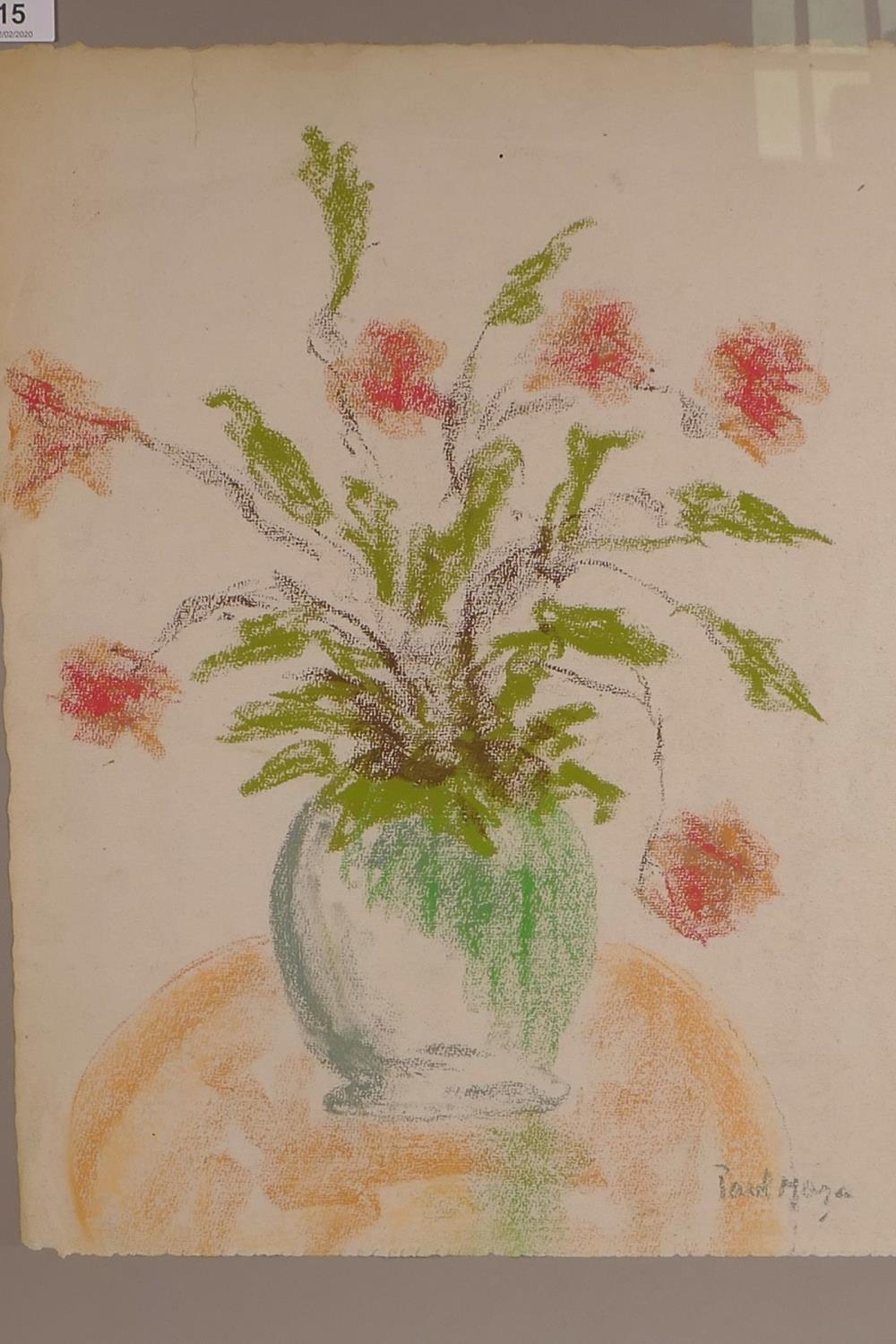 Flowers And Foliage In A Vase Signed Paul Maze Pastel Drawing 17 X 13