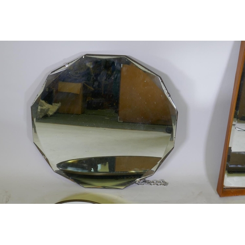 1161 - A mid-century teak framed mirror, a brass framed oval mirror, and two others, largest 24