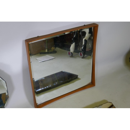 1161 - A mid-century teak framed mirror, a brass framed oval mirror, and two others, largest 24