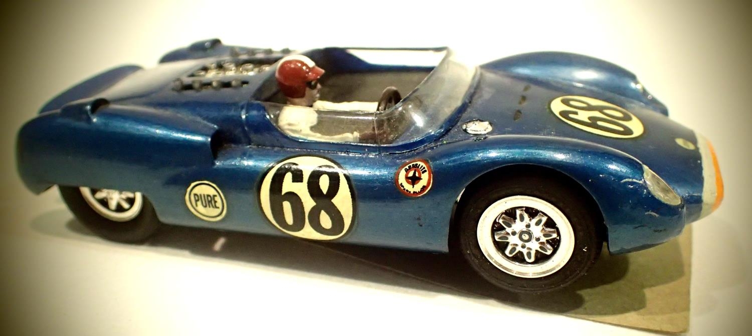 Vintage slot car, kit/scratch built, brass chassis and steering wheels