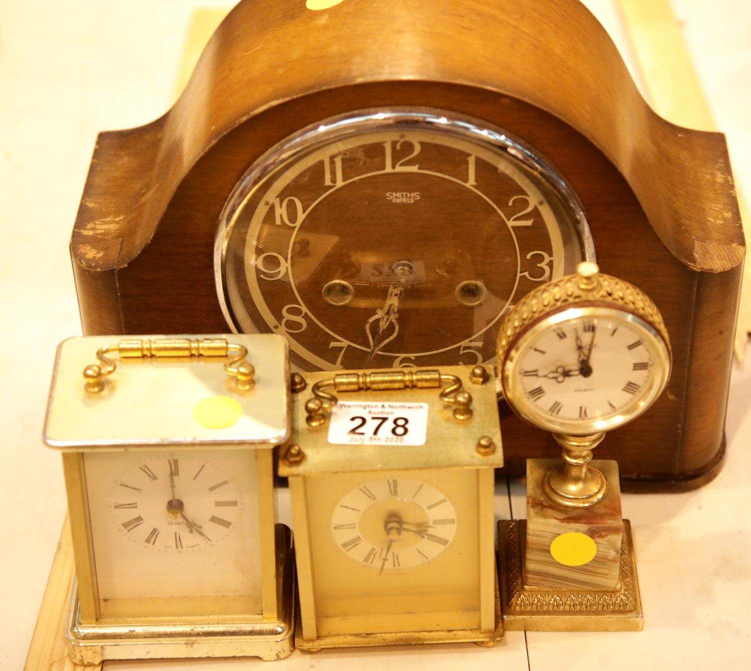 Smiths Enfield walnut cased chiming mantel clock with pendulum and
