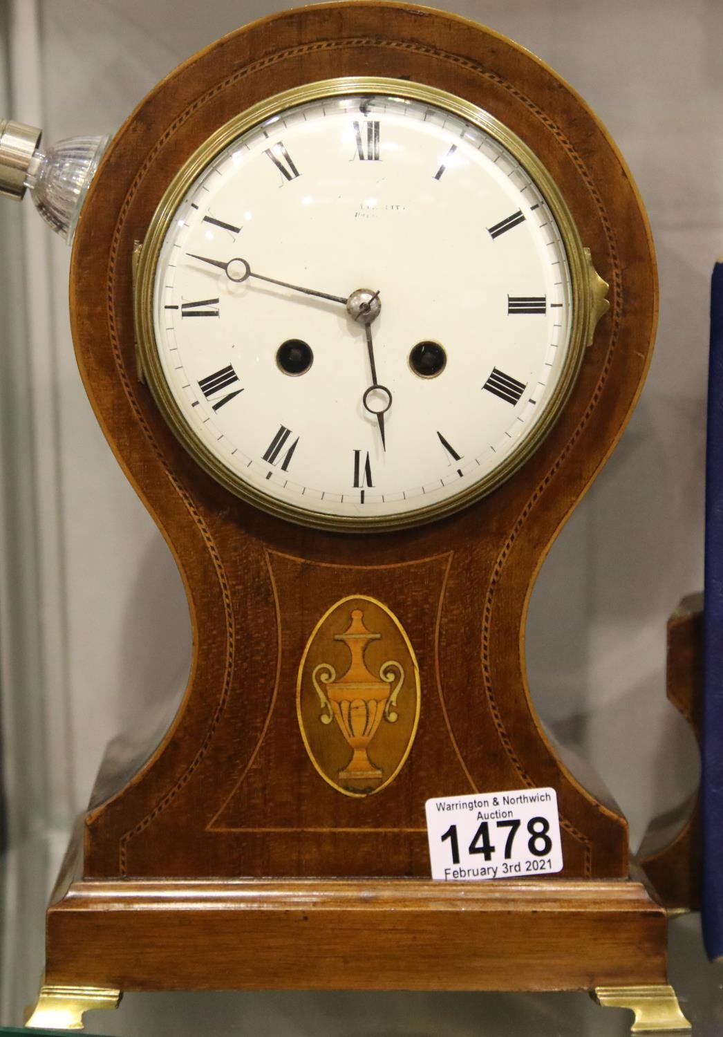 Edwardian inlaid mahogany chiming mantel clock, the movement set into a