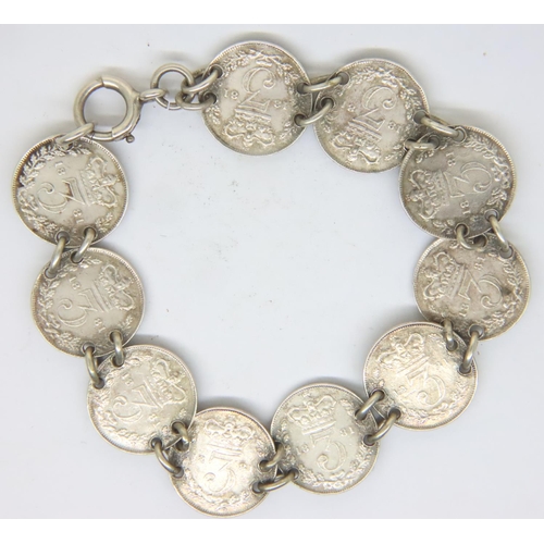 54 - Silver bracelet with ten Queen Victoria 1881 threepences, 17g. P&P Group 1 (£14+VAT for the first lo... 