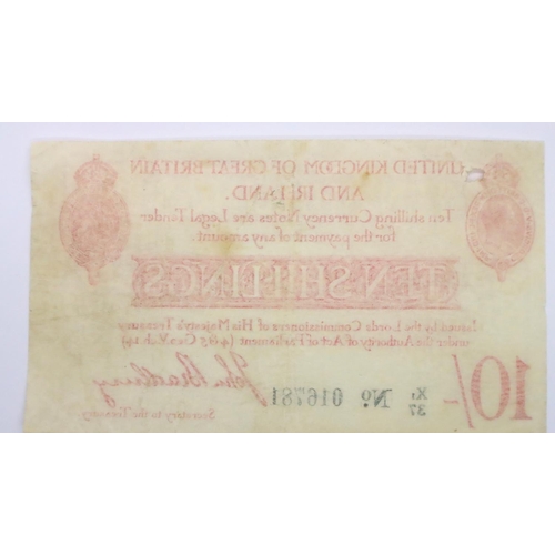 3001 - 1915 Bradbury ten shilling note of George V, T13.2 Waterlow red six digit serial type two (small num... 