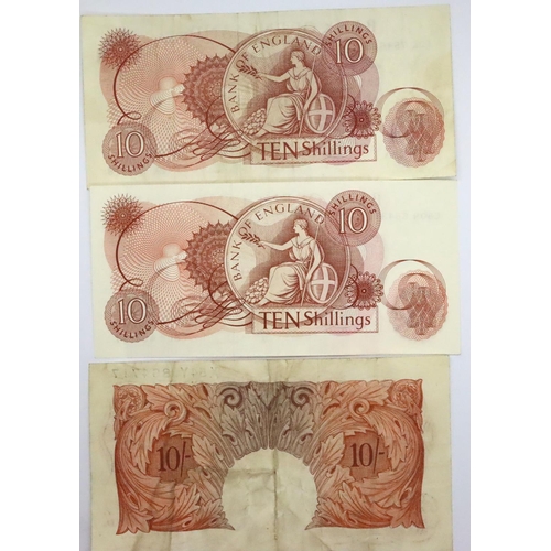3002 - Three ten shilling notes of Elizabeth II, Fford (serial C80N 664311), O'Brien (serial X54Y 864717) a... 