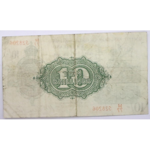 3003 - 1922-7 Warren Fisher ten shilling note of George V, serial number M77 528206, crease down centre oth... 
