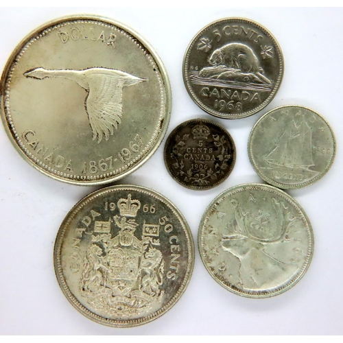 3042 - Six Canadian silver coins, 1906 and later. P&P Group 1 (£14+VAT for the first lot and £1+VAT for sub... 