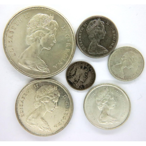 3042 - Six Canadian silver coins, 1906 and later. P&P Group 1 (£14+VAT for the first lot and £1+VAT for sub... 