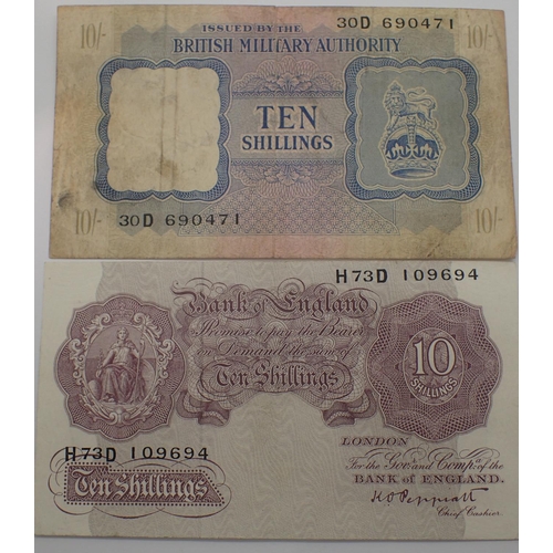 3006 - 1940 Peppiatt ten shillings note of George VI, emergency mauve issue, serial number H73D 109694 and ... 