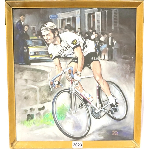 2023 - Oil on board of Eddie Merckx in his pre 1976 Peugeot kit, 50 x 46cm, signed Kruse. P&P Group 3 (£25+... 