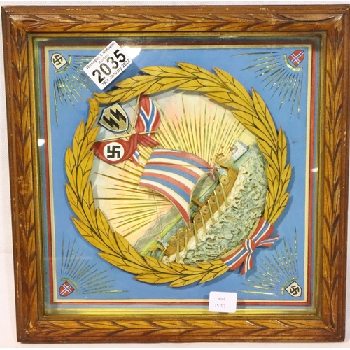 2035 - Rare German WWII Period artisan SS Wiking Division framed mixed media plaque, 25 x 25 cm. P&P Group ... 