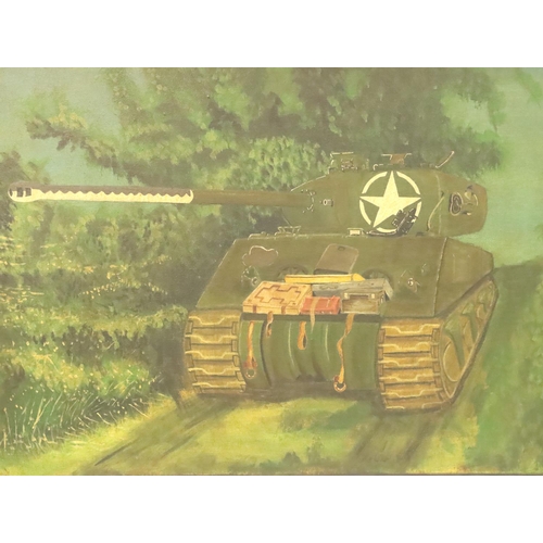 2037 - Oil on canvas of a Sherman Firefly on D-Day, 59 x 42 cm. P&P Group 3 (£25+VAT for the first lot and ... 