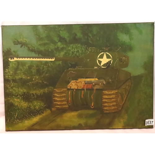 2037 - Oil on canvas of a Sherman Firefly on D-Day, 59 x 42 cm. P&P Group 3 (£25+VAT for the first lot and ... 