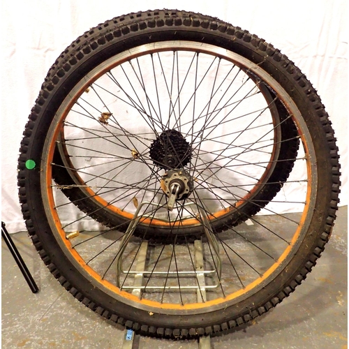 1009 - 26 x 23 front and back mountain bike wheels with tyres and innertubes. Not available for in-house P&... 