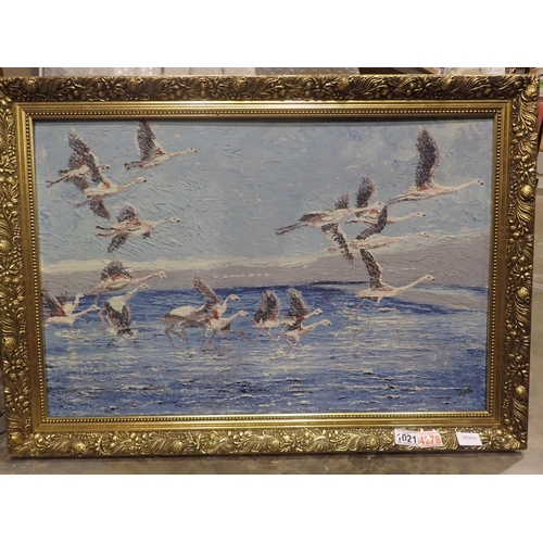 1021 - Large gilt framed oil of Flamingos, 50 x 80 cm. Not available for in-house P&P, contact Paul O'Hea a... 
