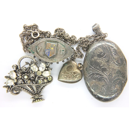 13 - Collection of hallmarked silver and white metal items including brooches and a locket. P&P Group 1 (... 