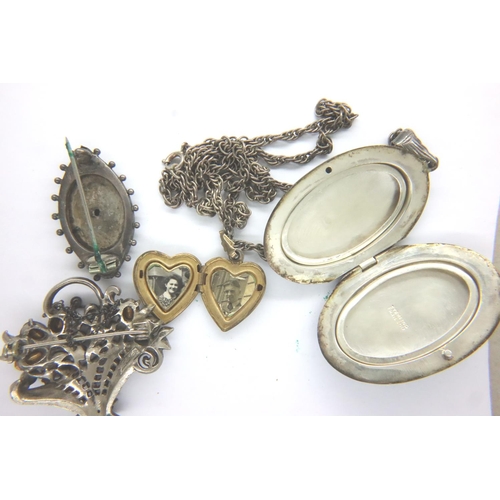 13 - Collection of hallmarked silver and white metal items including brooches and a locket. P&P Group 1 (... 