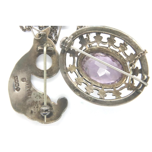 32 - Hallmarked silver amethyst set brooch and a fish brooch, combined 18g. P&P Group 1 (£14+VAT for the ... 