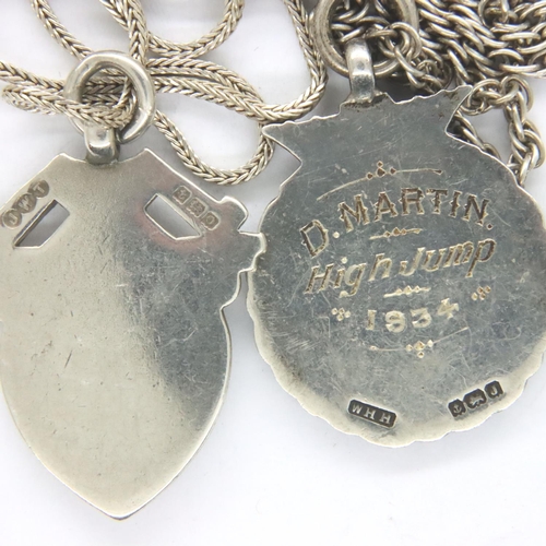 37 - Two hallmarked silver fob necklaces, largest chain L: 60 cm, combined 25g. P&P Group 1 (£14+VAT for ... 
