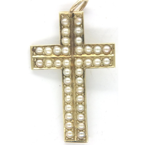 52 - Victorian 9ct gold and seed pearl cross pendant, L: 33 mm, 2.5g. P&P Group 1 (£14+VAT for the first ... 