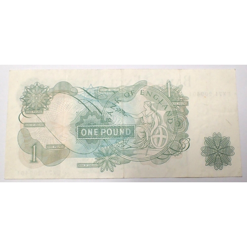 3007A - Page green one pound note of Elizabeth II, EX71 209401 with green ink cover run fault. P&P Group 1 (... 