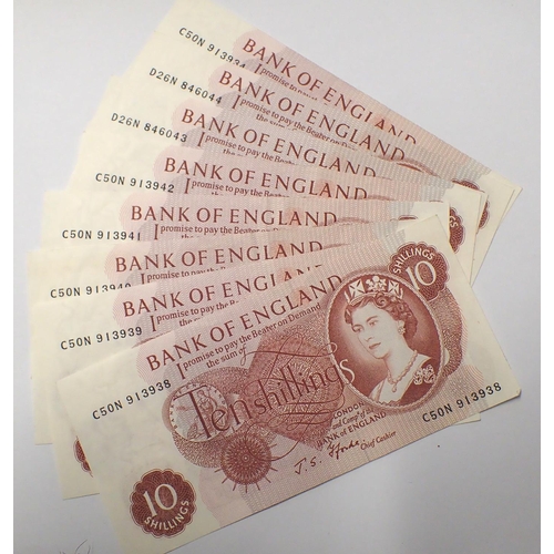 3007H - Eight Fforde ten shilling notes of Queen Elizabeth II including a run of seven in good condition. P&... 
