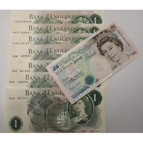 3007M - Six Page O'Brien and Smallman one pound notes and a Lowther five pound note in good condition. P&P G... 