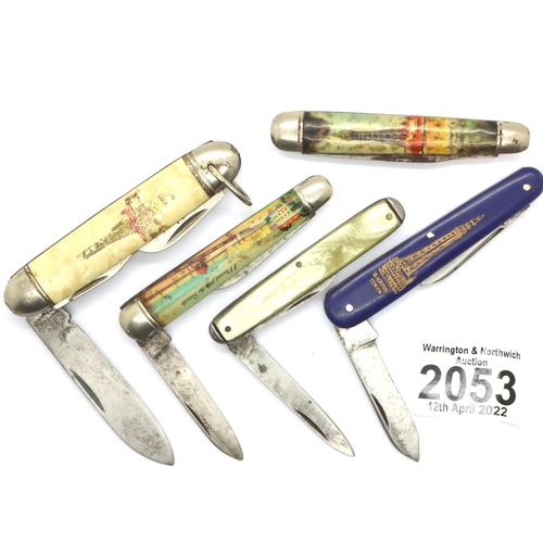 Five Blackpool souvenir folding knives. P&P Group 1 (£14+VAT for the