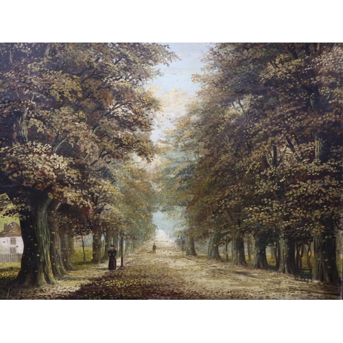 3017 - 19th century unattributed oil on board, tree lined parkway, initialed HMC, 61 x 46 cm. P&P Group 2 (... 