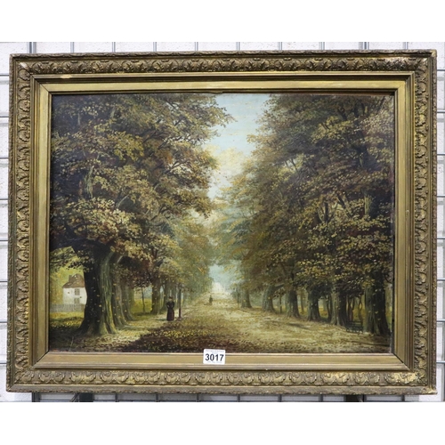 3017 - 19th century unattributed oil on board, tree lined parkway, initialed HMC, 61 x 46 cm. P&P Group 2 (... 