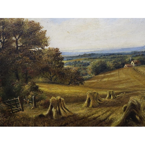3036 - Late 19th/early 20th century oil on board, Haystacks, 47 x 31 cm, unsigned. Not available for in-hou... 