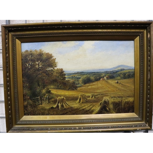 3036 - Late 19th/early 20th century oil on board, Haystacks, 47 x 31 cm, unsigned. Not available for in-hou... 