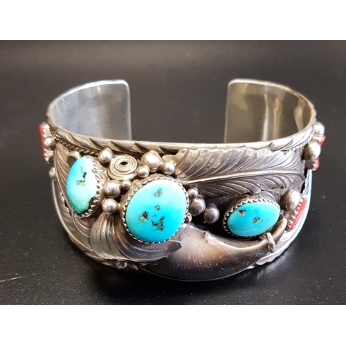 5 - UNUSUAL NAVAJO SILVER BANGLE
with wide bangle with applied fern and ball decoration and set with tur... 