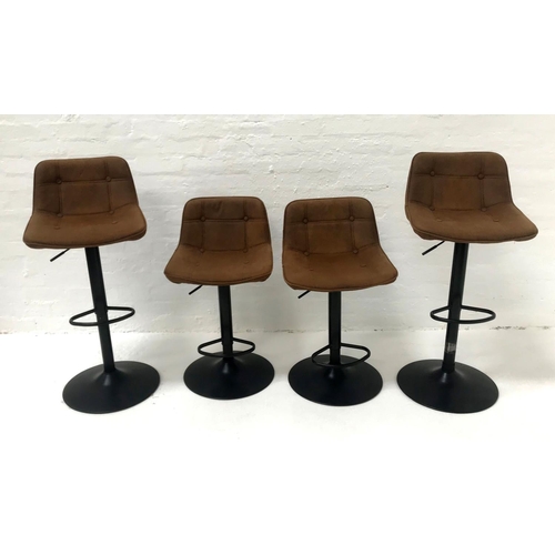 439 - SET OF FOUR ADJUSTABLE BAR STOOLS
with button detail to the seats and low back rests, on adjustable ... 