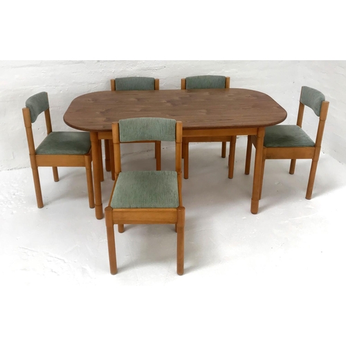 449 - OAK SHAPED TOP DINING TABLE
standing on turned supports, 152cm long; together with five beech framed... 