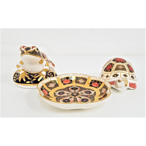 186 - TWO ROYAL CROWN DERBY PAPERWEIGHTS
both with buttons, Frog, 7.5cm high and Tortoise, 12cm long; toge... 