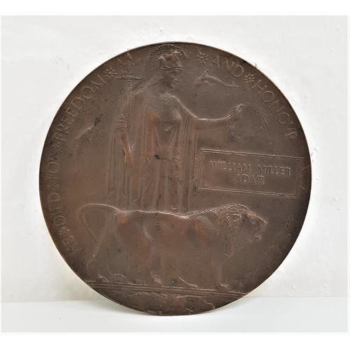 307 - WWI MEMORIAL DEATH PLAQUE
in bronze, named to William Miller Adair