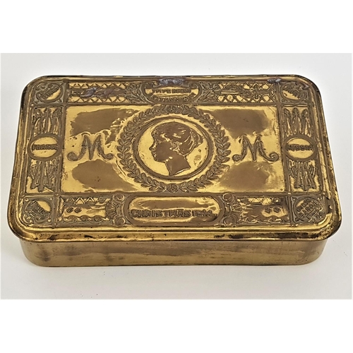 310 - WWI BRASS QUEEN MARY CHRISTMAS TIN
with embossed decoration and dated 1914