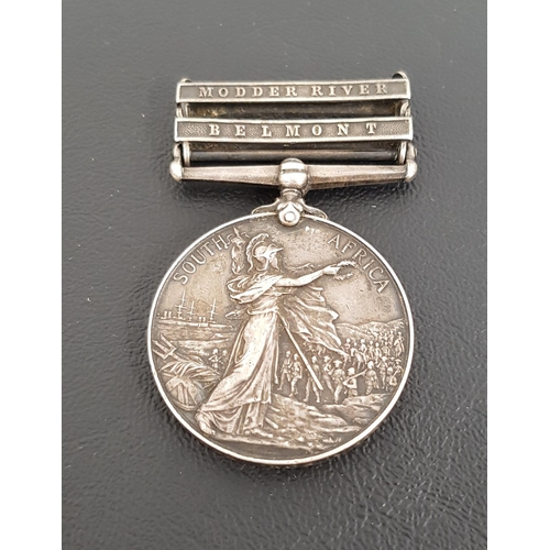 336 - QUEENS SOUTH AFRICA MEDAL
with two clasps for Modder River and Belmont, named to 723 Private A. Fox ... 